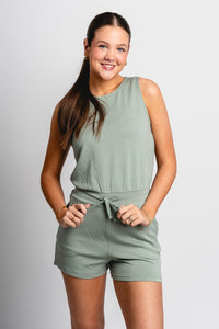 Sleeveless drawstring romper sage green - Cute Romper - Trendy Rompers and Pantsuits at Lush Fashion Lounge Boutique in Oklahoma City