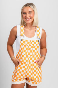 Checkered overalls orange/white - Affordable overalls - Boutique Rompers & Pantsuits at Lush Fashion Lounge Boutique in Oklahoma City