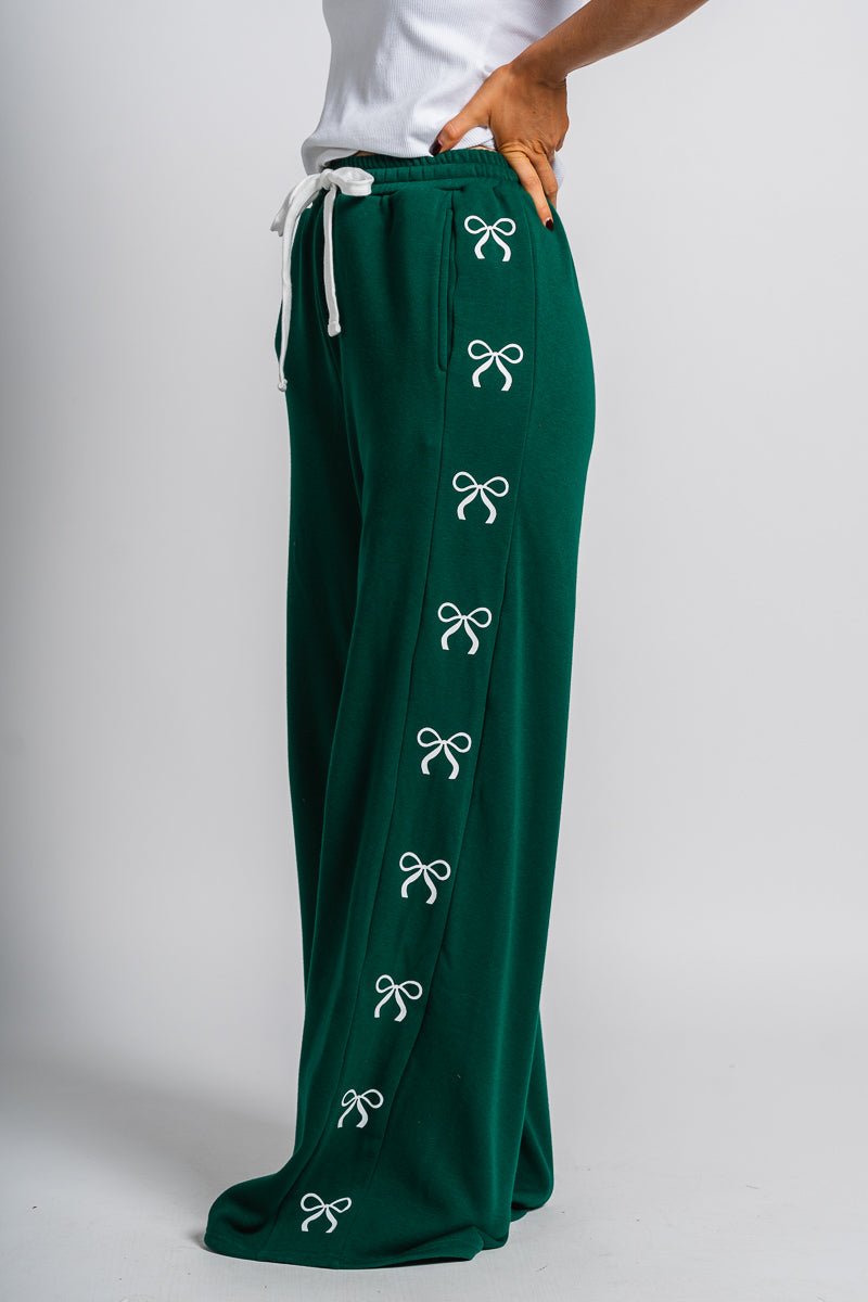 Ribbon bow sweatpants hunter green - Trendy Holiday Apparel at Lush Fashion Lounge Boutique in Oklahoma City