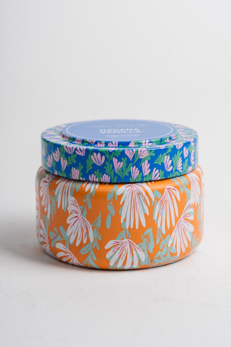 Capri blue pattern play print travel tin Havana Vanilla - Trendy Candles and Scents at Lush Fashion Lounge Boutique in Oklahoma City