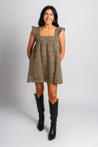 Leopard ruffle shoulder dress brown Stylish Dress - Womens Fashion Dresses at Lush Fashion Lounge Boutique in Oklahoma City