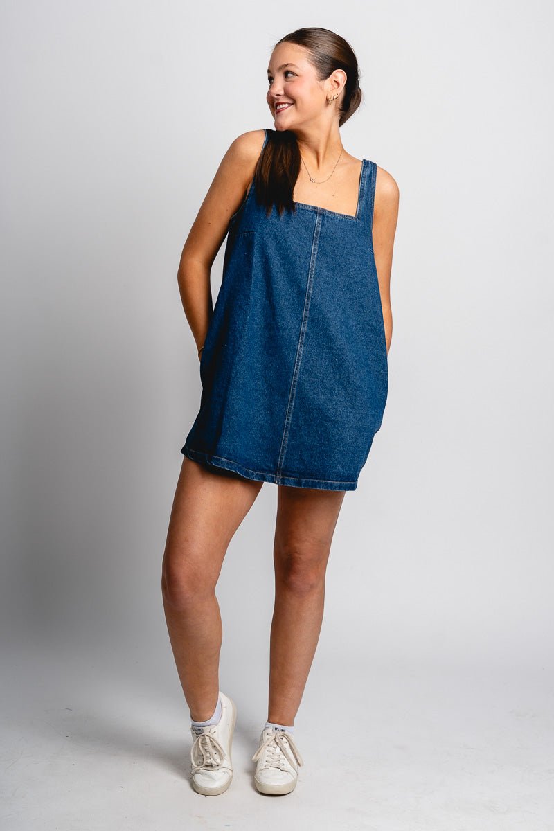 Square neck denim dress dark denim Stylish dress - Womens Fashion Dresses at Lush Fashion Lounge Boutique in Oklahoma City