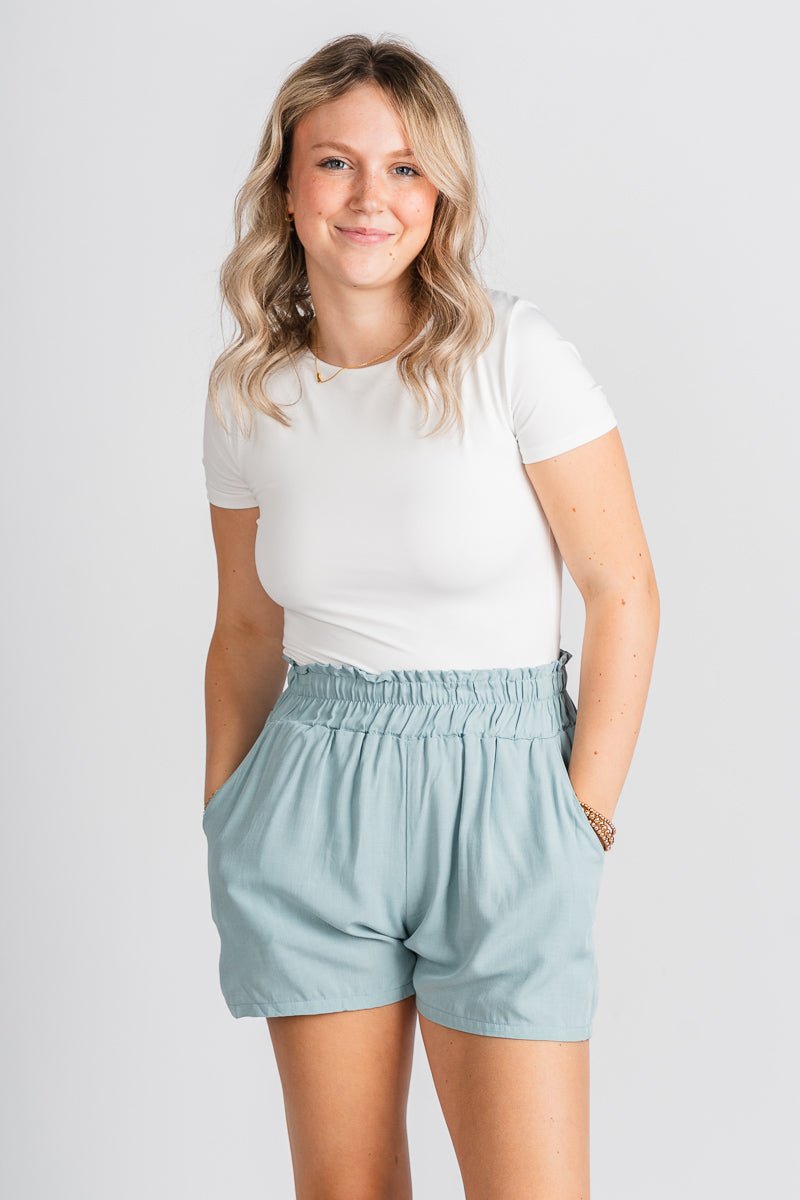 Ruffle waist shorts pastel teal - Trendy Shorts - Fashion Shorts at Lush Fashion Lounge Boutique in Oklahoma City