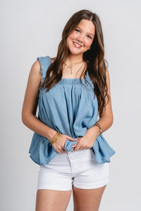 Tie back babydoll tank top denim blue - Cute Tank Top - Trendy Tank Tops at Lush Fashion Lounge Boutique in Oklahoma City