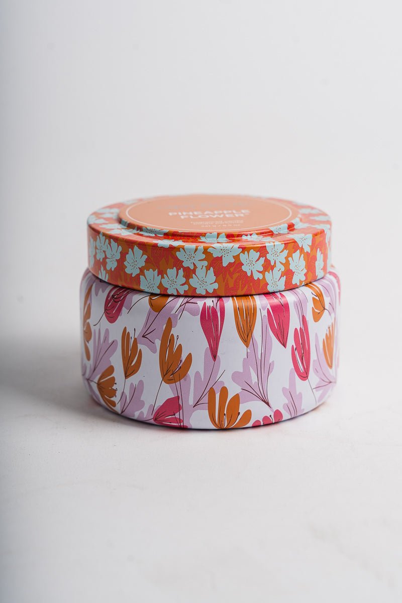 Capri blue pattern play print travel tin Pineapple flower - Trendy Candles and Scents at Lush Fashion Lounge Boutique in Oklahoma City