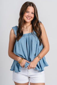 Tie back babydoll tank top denim blue - Affordable Tank Top - Boutique Tank Tops at Lush Fashion Lounge Boutique in Oklahoma City