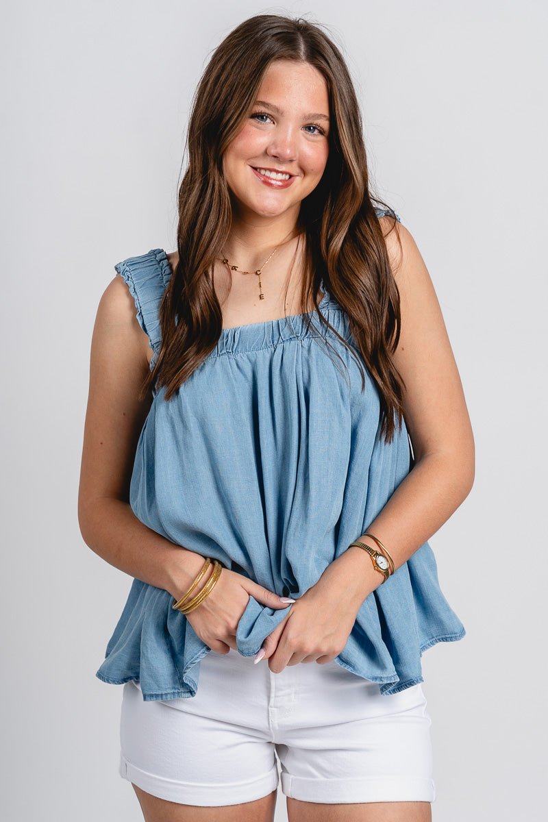 Tie back babydoll tank top denim blue - Affordable Tank Top - Boutique Tank Tops at Lush Fashion Lounge Boutique in Oklahoma City
