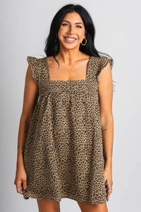 Leopard ruffle shoulder dress brown - Cute Dress - Trendy Dresses at Lush Fashion Lounge Boutique in Oklahoma City