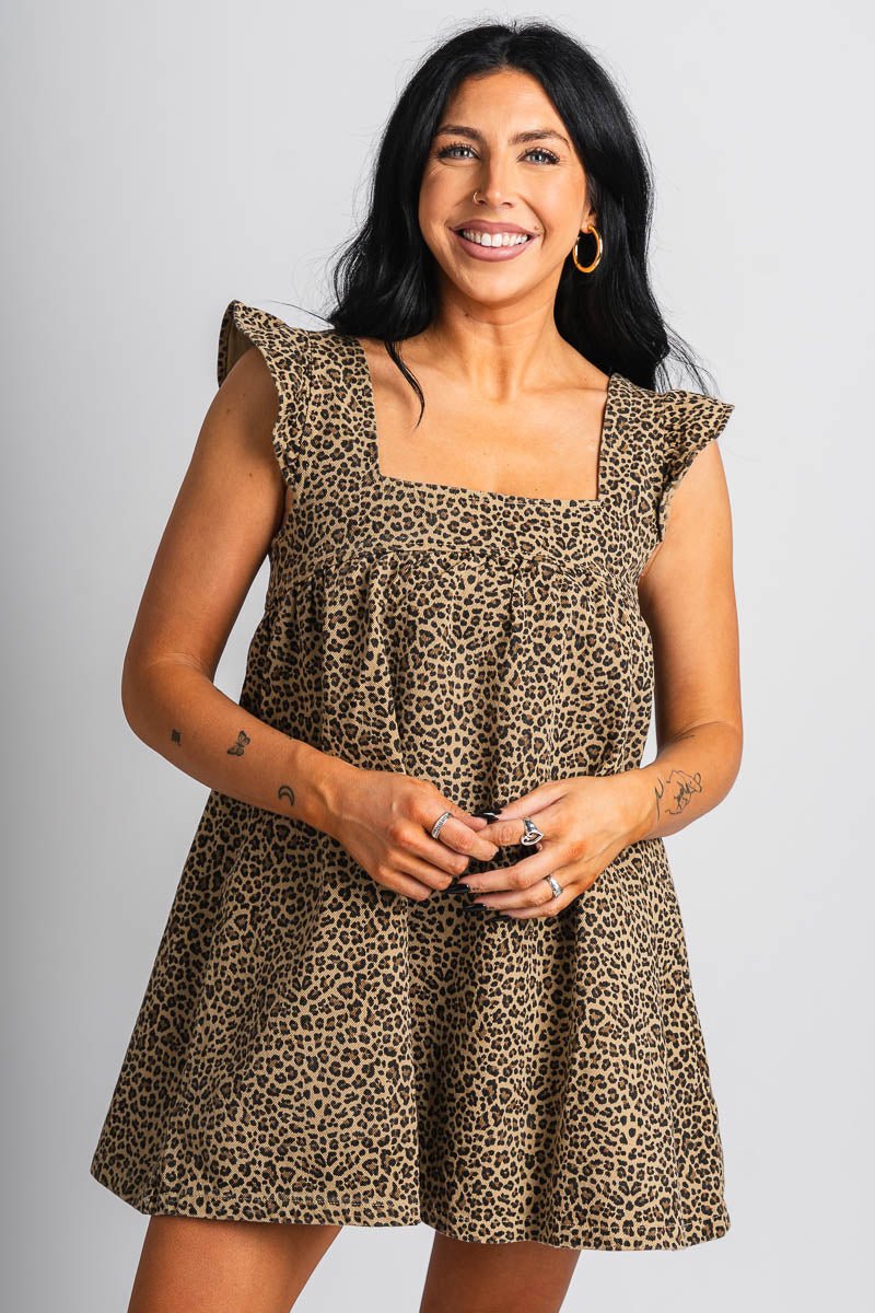 Leopard ruffle shoulder dress brown - Affordable Dress - Boutique Dresses at Lush Fashion Lounge Boutique in Oklahoma City