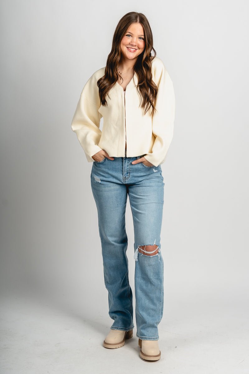 V-neck slit sweater ivory - Trendy Sweaters | Cute Pullover Sweaters at Lush Fashion Lounge Boutique in Oklahoma City