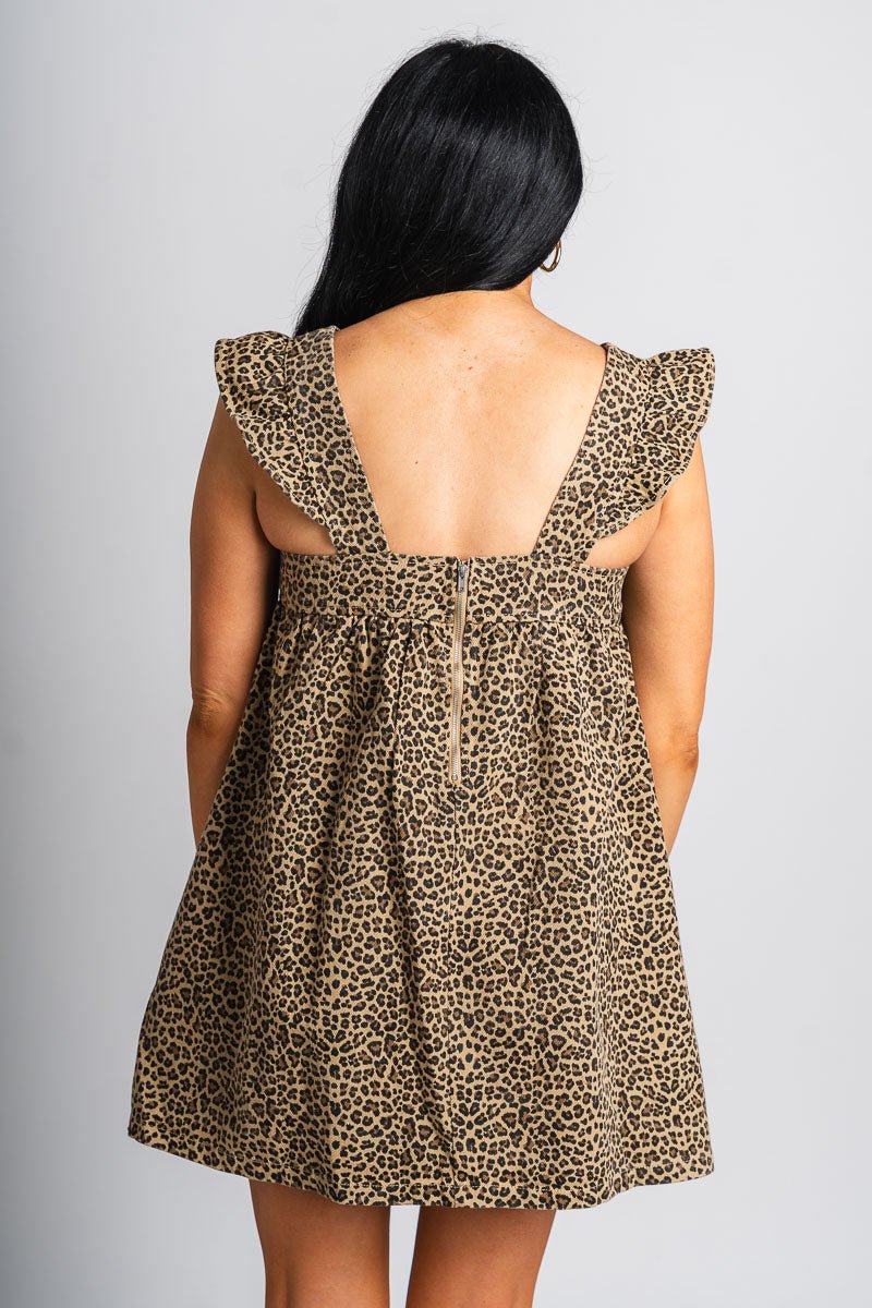 Leopard ruffle shoulder dress brown