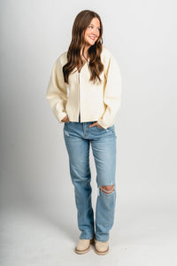 V-neck slit sweater ivory – Unique Sweaters | Lounging Sweaters and Womens Fashion Sweaters at Lush Fashion Lounge Boutique in Oklahoma City