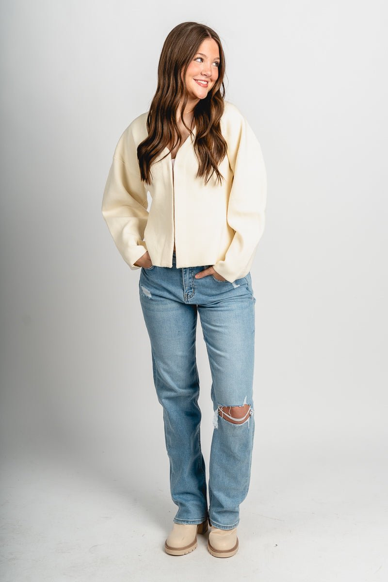 V-neck slit sweater ivory – Unique Sweaters | Lounging Sweaters and Womens Fashion Sweaters at Lush Fashion Lounge Boutique in Oklahoma City