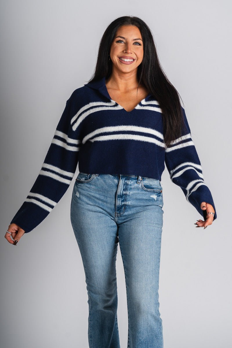 Stripe collared sweater navy/white