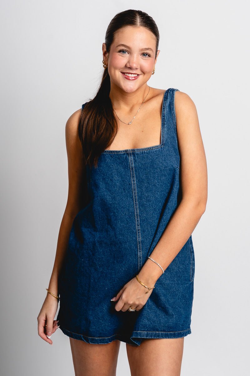 Square neck denim dress dark denim - Affordable dress - Boutique Dresses at Lush Fashion Lounge Boutique in Oklahoma City