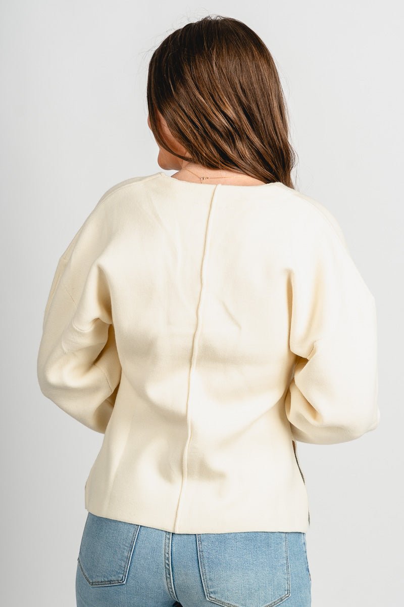 V-neck slit sweater ivory