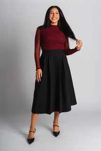 Pleated midi skirt black | Lush Fashion Lounge: boutique fashion skirts, affordable boutique skirts, cute affordable skirts