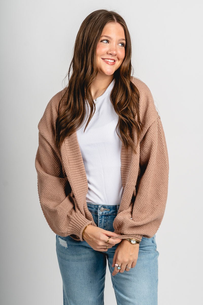 Knit pocket cardigan dark taupe - Affordable Cardigan - Boutique Cardigans & Trendy Kimonos at Lush Fashion Lounge Boutique in Oklahoma City