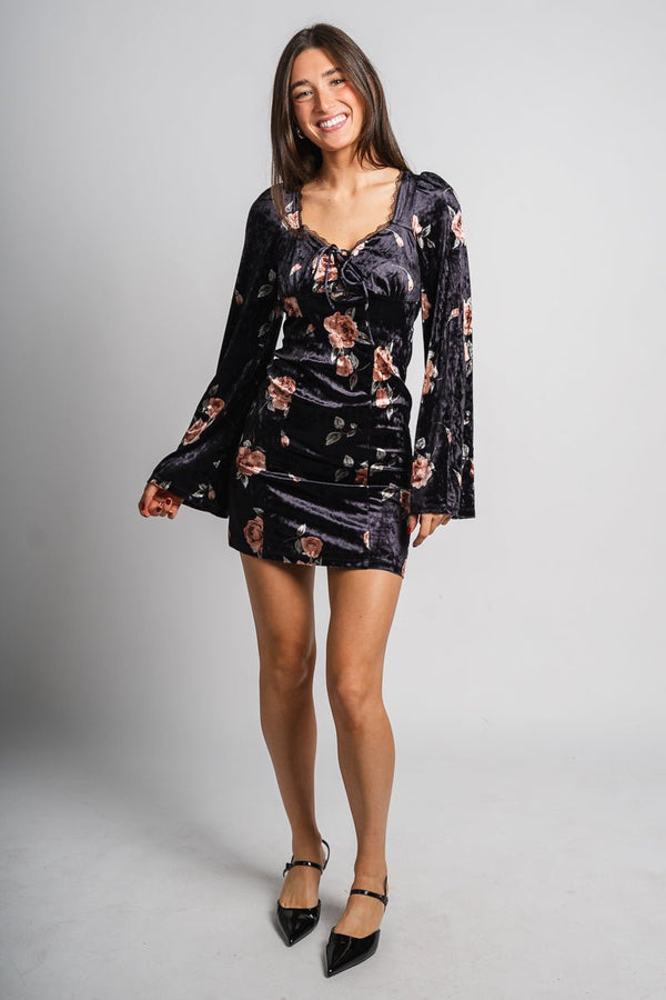 ornamental floral shirred velvet mini dress Black Black / Small 2024week25 Black IvorySize + Fit Black Evening Dress Long Size:00 Petite Curve