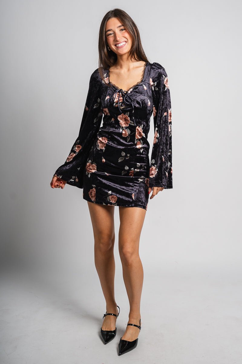 Floral velvet mini dress black - Trendy dress - Fashion Dresses at Lush Fashion Lounge Boutique in Oklahoma City