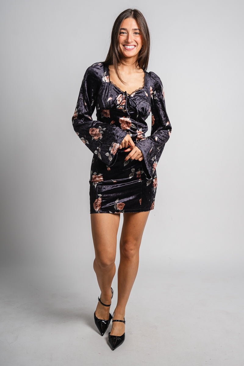 Floral velvet mini dress black Stylish dress - Womens Fashion Dresses at Lush Fashion Lounge Boutique in Oklahoma City