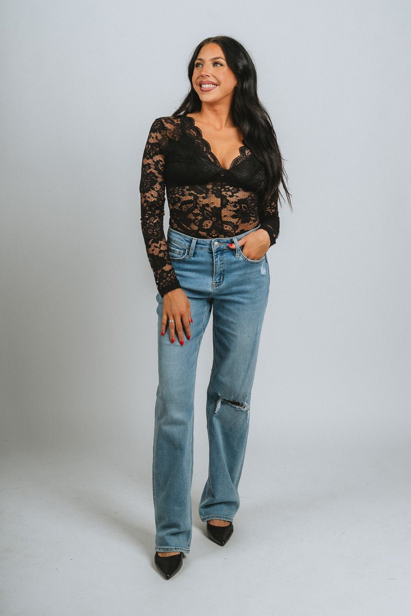 Long sleeve lace bodysuit black Stylish Bodysuit - Womens Fashion Bodysuits at Lush Fashion Lounge Boutique in Oklahoma City