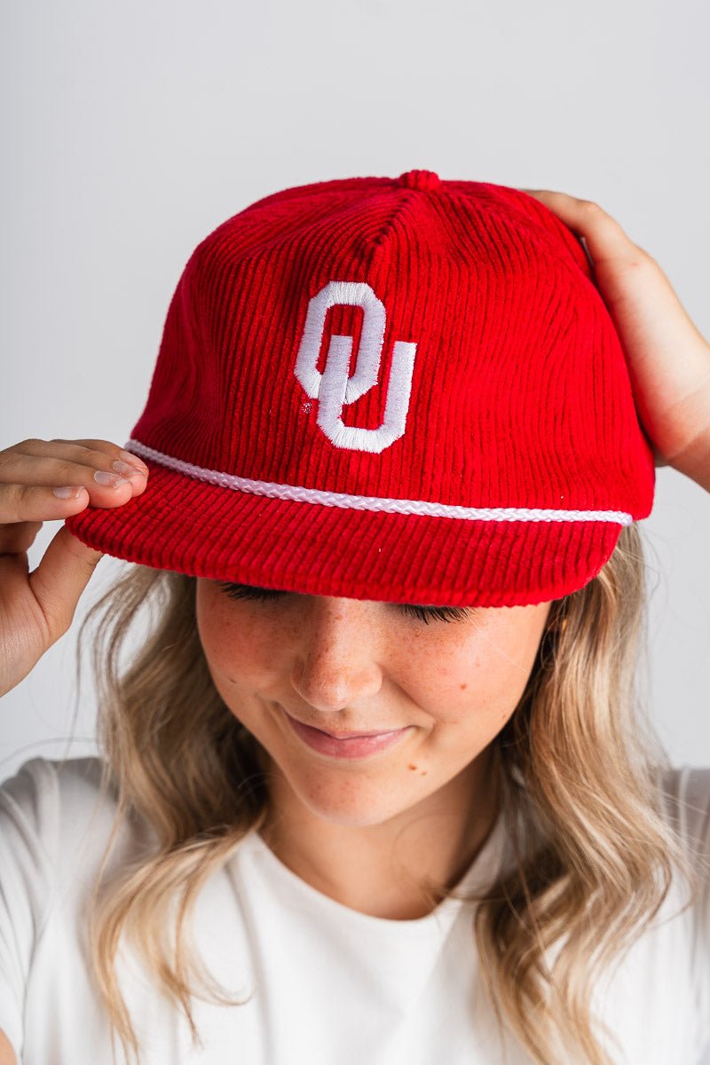 OU OU logo corduroy rope hat crimson Hat | Lush Fashion Lounge Trendy Oklahoma University Sooners Apparel & Cute Gameday T-Shirts