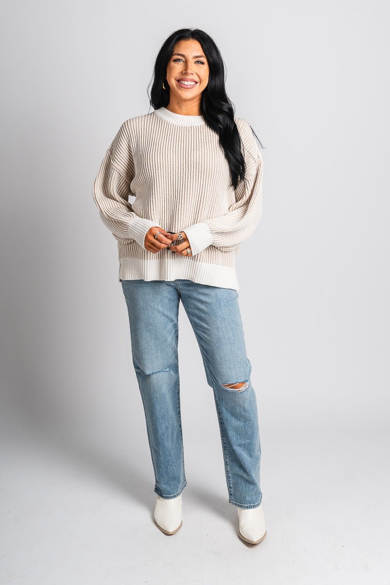 Ribbed striped sweater beige - Trendy Sweaters | Cute Pullover Sweaters at Lush Fashion Lounge Boutique in Oklahoma City