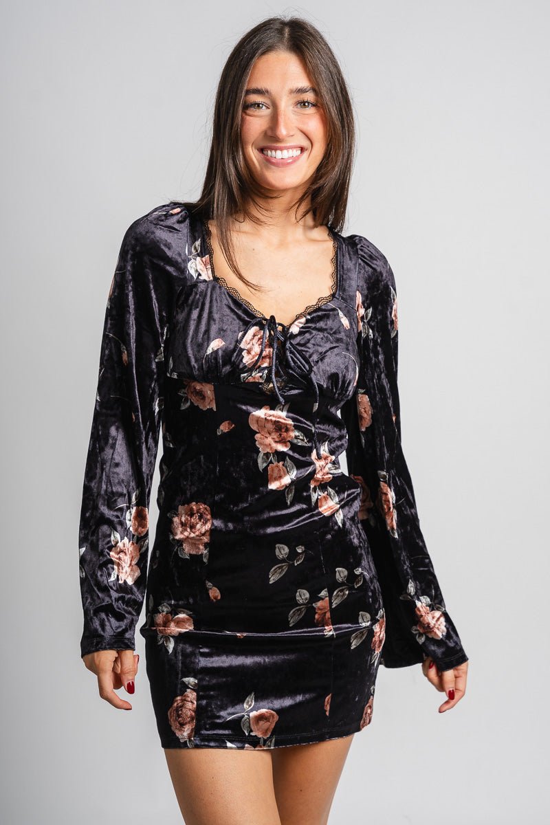 Floral Velvet Mini Dress Black Black / Large Floral Velvet Mini Dress Black Black / Large