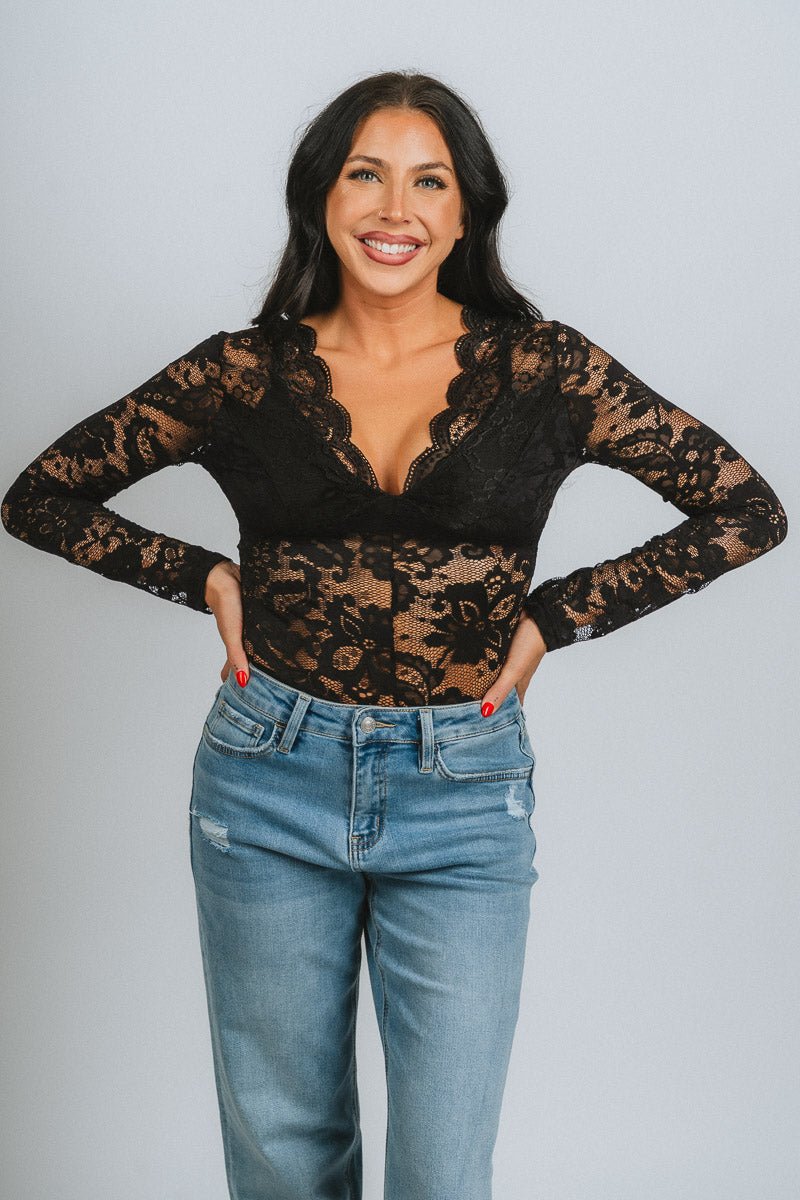 Long sleeve lace bodysuit black - Affordable Bodysuit - Boutique Bodysuits at Lush Fashion Lounge Boutique in Oklahoma City