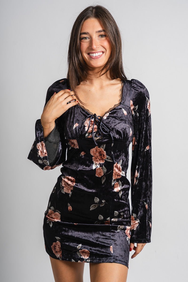 Floral velvet mini dress black - Cute dress - Trendy Dresses at Lush Fashion Lounge Boutique in Oklahoma City