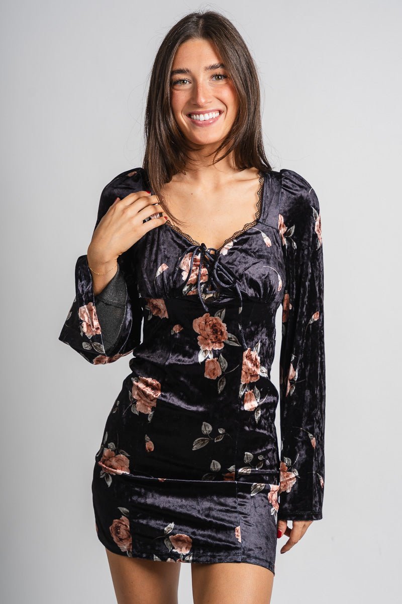 Floral velvet mini dress Black Black / Large Floral velvet mini dress Black Black / Large