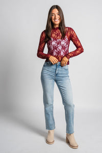 Mesh lace long sleeve top burgundy - Exclusive Collection of Holiday Inspired T-Shirts and Hoodies at Lush Fashion Lounge Boutique in Oklahoma City