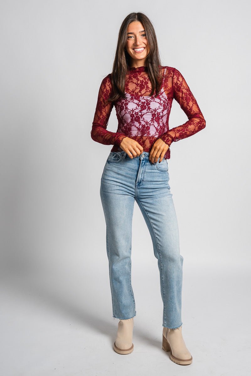 Mesh lace long sleeve top burgundy - Exclusive Collection of Holiday Inspired T-Shirts and Hoodies at Lush Fashion Lounge Boutique in Oklahoma City