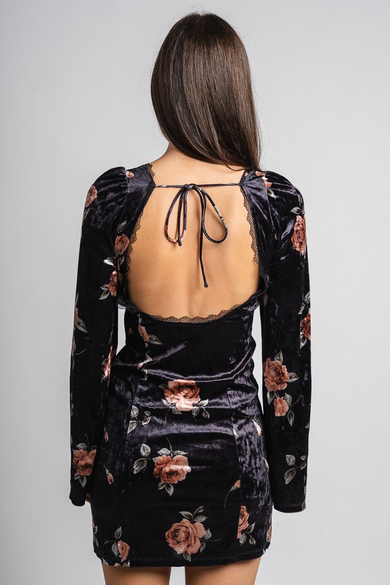 Floral velvet mini dress black