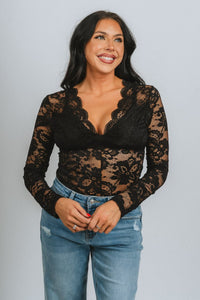 Long sleeve lace bodysuit black - Cute Bodysuit - Trendy Bodysuits at Lush Fashion Lounge Boutique in Oklahoma City