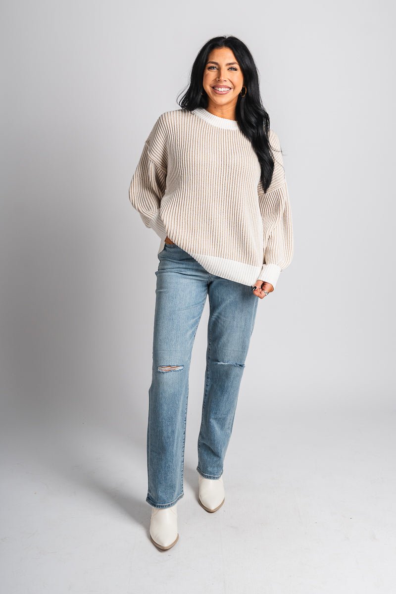 Ribbed striped sweater beige – Unique Sweaters | Lounging Sweaters and Womens Fashion Sweaters at Lush Fashion Lounge Boutique in Oklahoma City