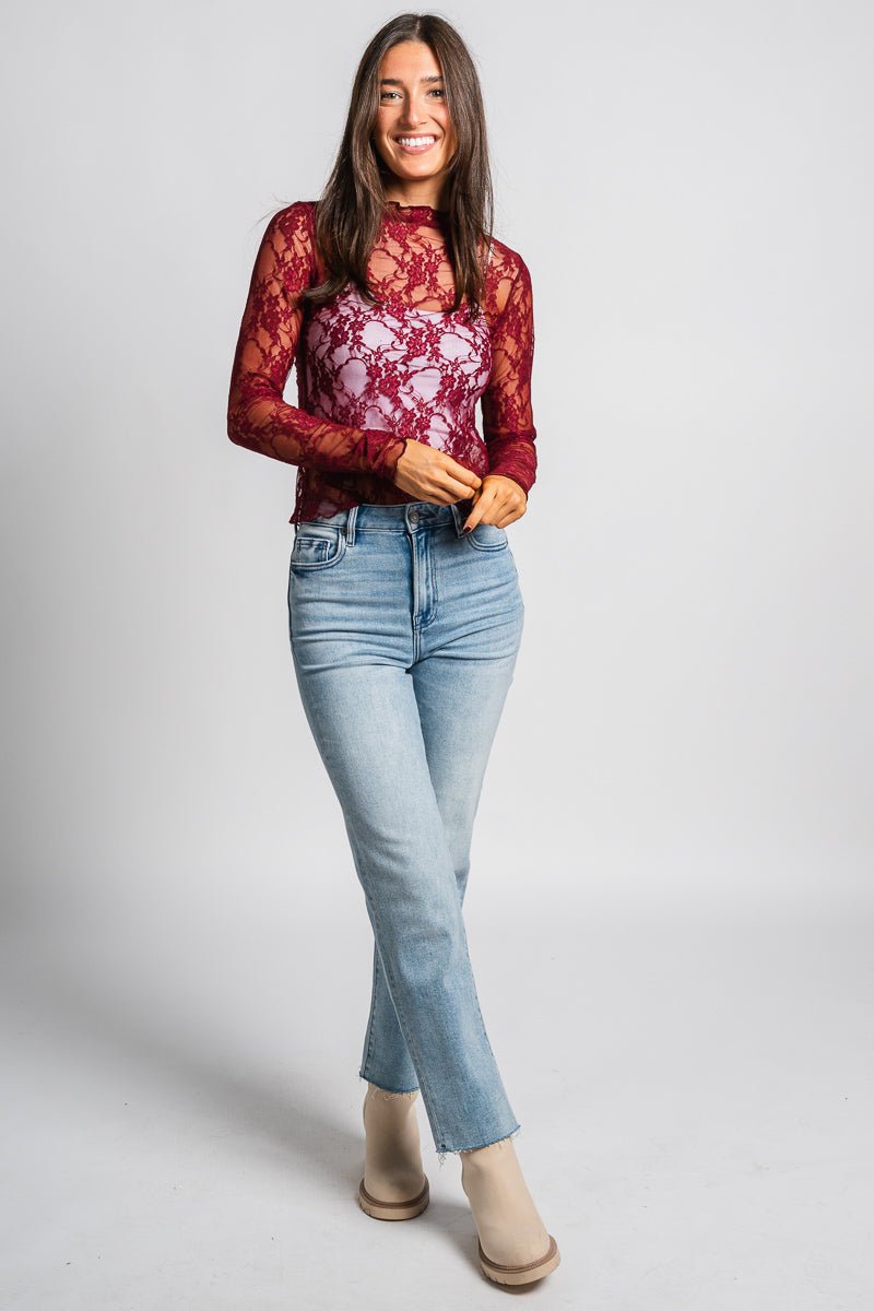 Mesh lace long sleeve top burgundy