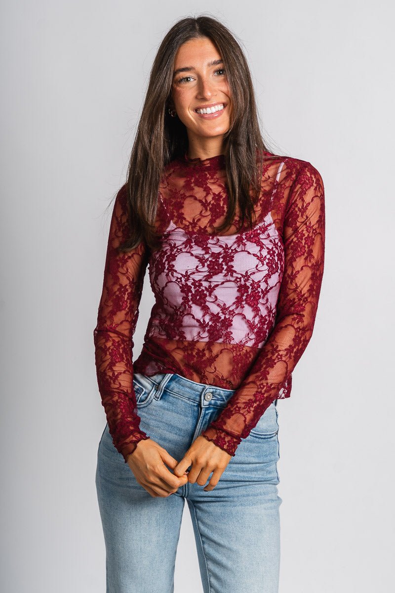 Mesh lace long sleeve top burgundy