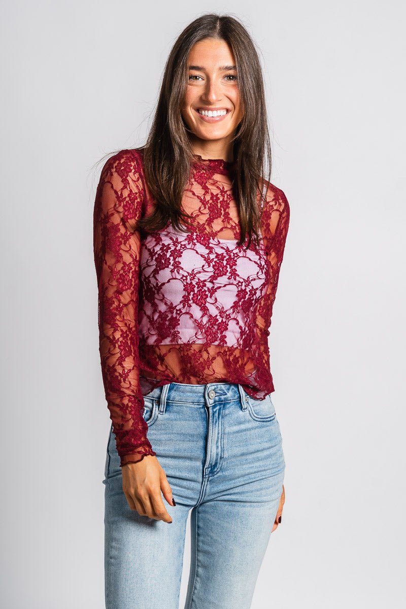 Mesh lace long sleeve top burgundy - Trendy Holiday Apparel at Lush Fashion Lounge Boutique in Oklahoma City