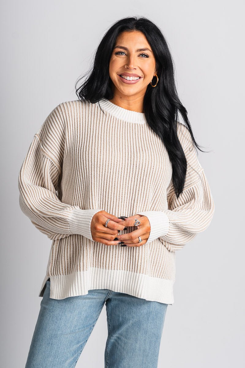 Ribbed striped sweater beige – Boutique Sweaters | Fashionable Sweaters at Lush Fashion Lounge Boutique in Oklahoma City