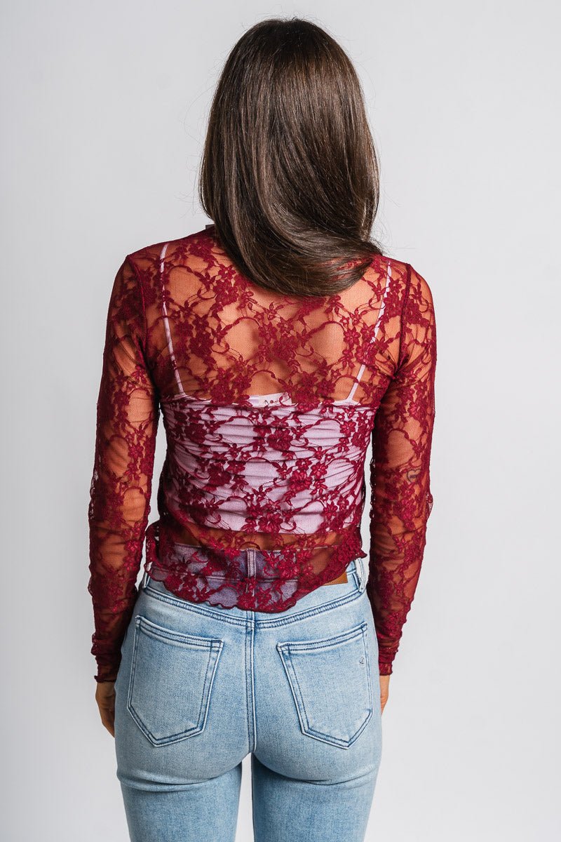 Mesh lace long sleeve top burgundy