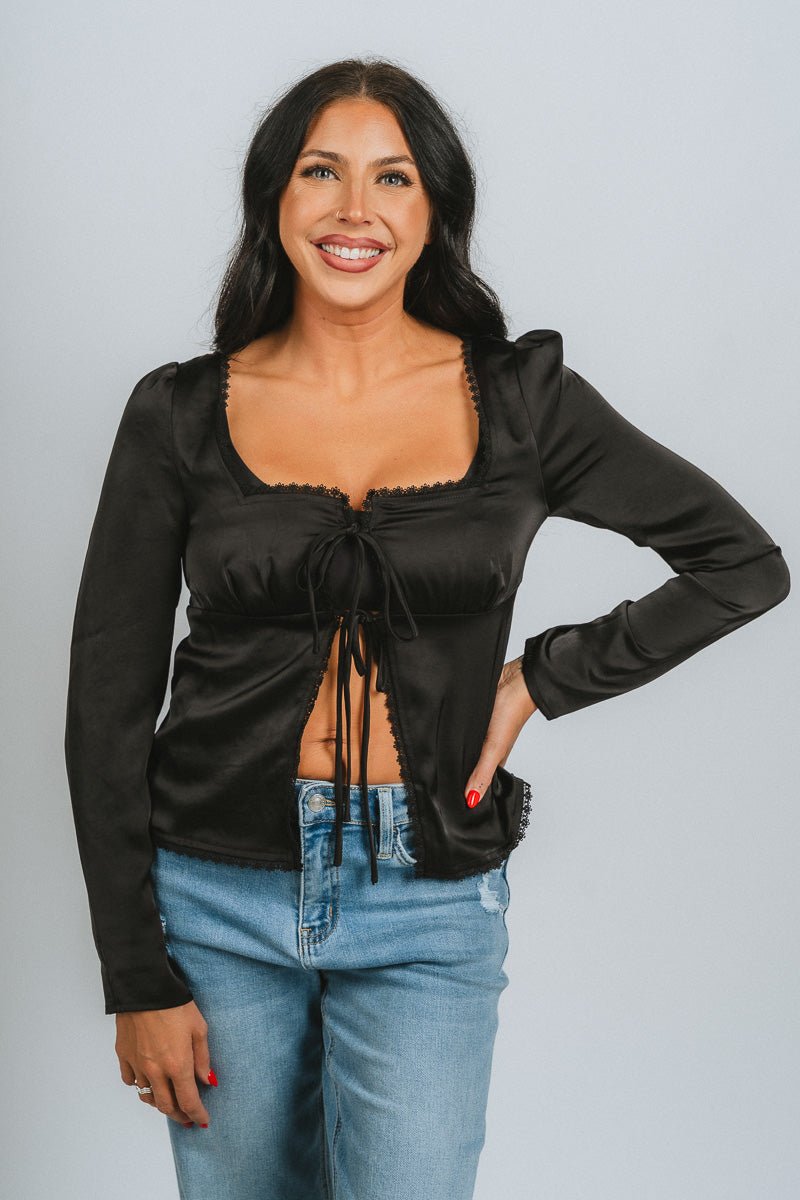 Square neck satin tie top black