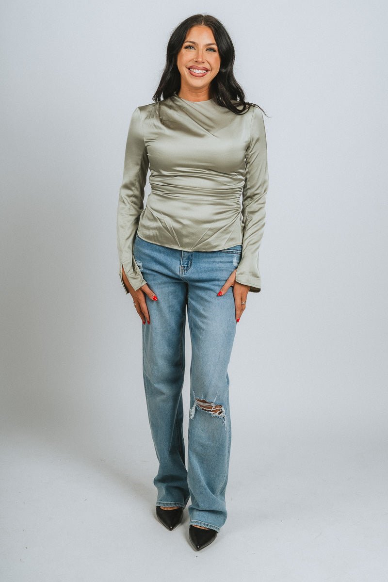 Mock neck ruched long sleeve top sage