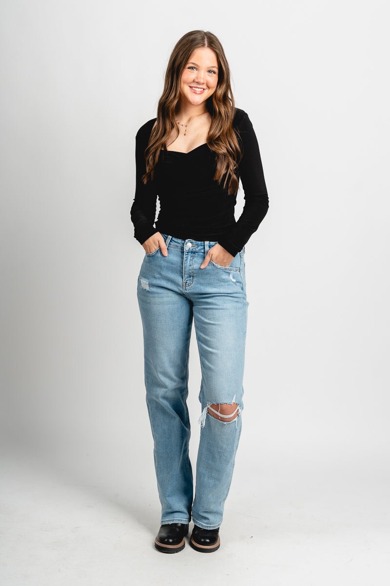 Raina long sleeve ruched top black