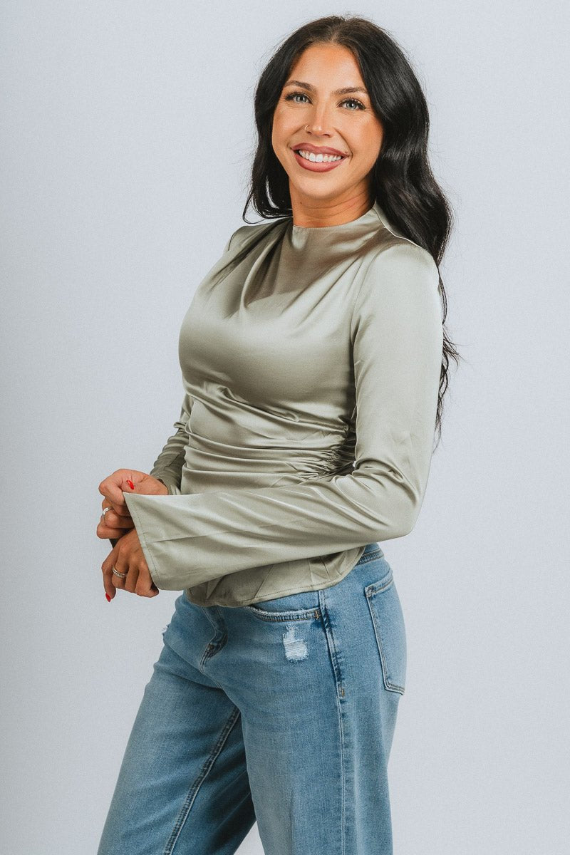 Mock neck ruched long sleeve top sage