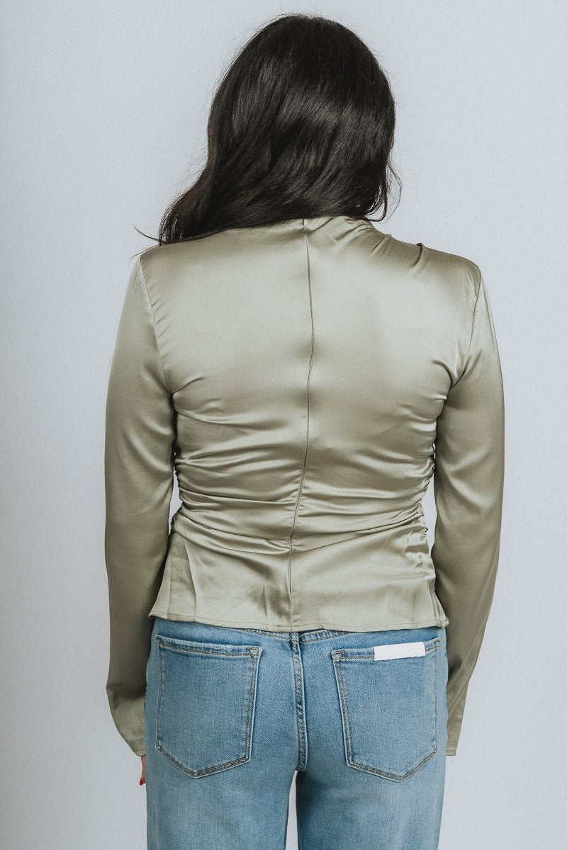Mock neck ruched long sleeve top sage