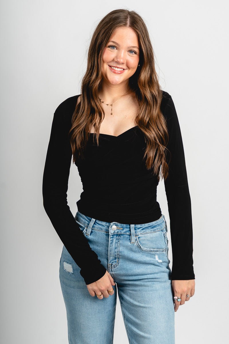 Raina long sleeve ruched top black