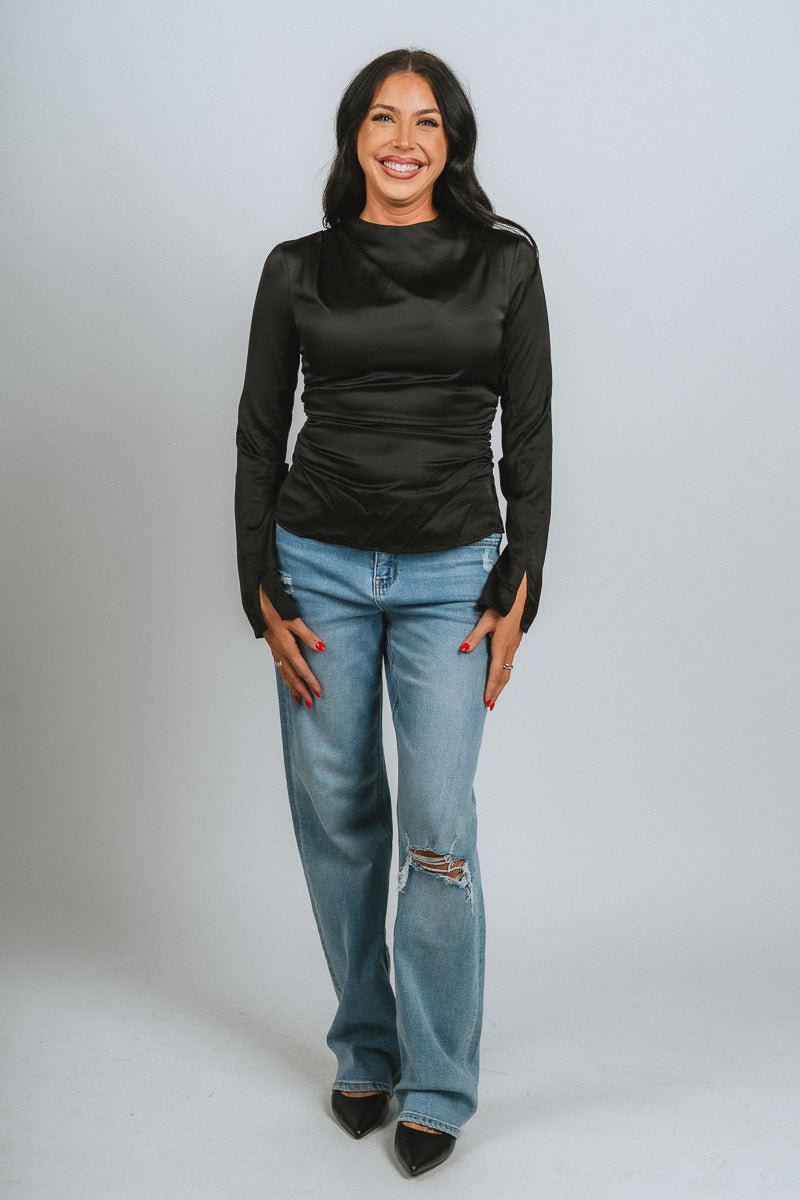 Mock neck ruched long sleeve top black