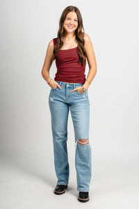 Square neck ruched tank top burgundy - Trendy tank top - Fashion Tank Tops at Lush Fashion Lounge Boutique in Oklahoma City